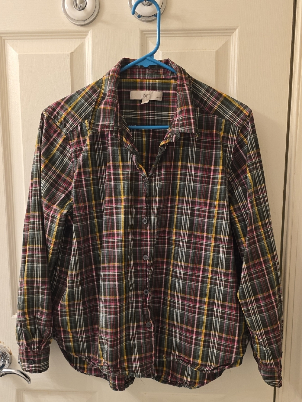 LOFT Plaid Button-Down Shirt in Black, Yellow & Pink